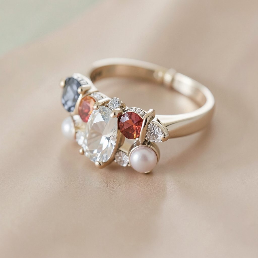 Collage editorial de jewelry with coral, navy and soft gold tones and an elegant, creative mood